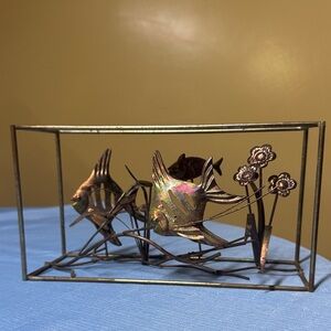 brass and copper aquatic sculpture with fish and flowers 10” by 5.5” by 3.75”